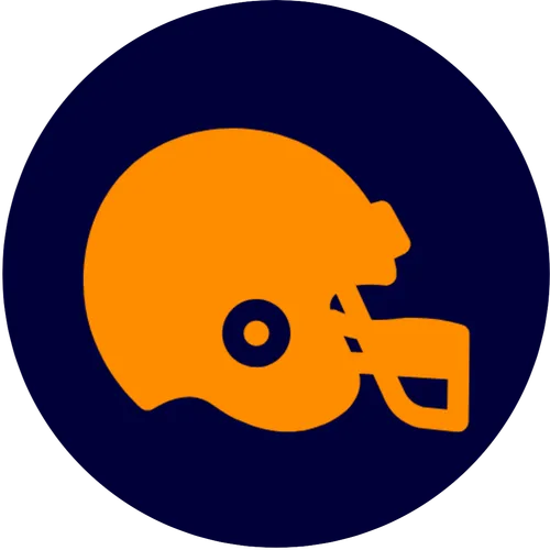 SportsCry Logo, which is blue circle with a orange football helmet in the middle